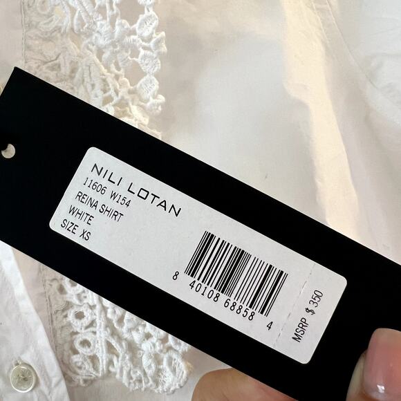 Nili Lotan Reina Crochet Trim White Cotton Poplin Shirt XS NWT India - Picture 5 of 10